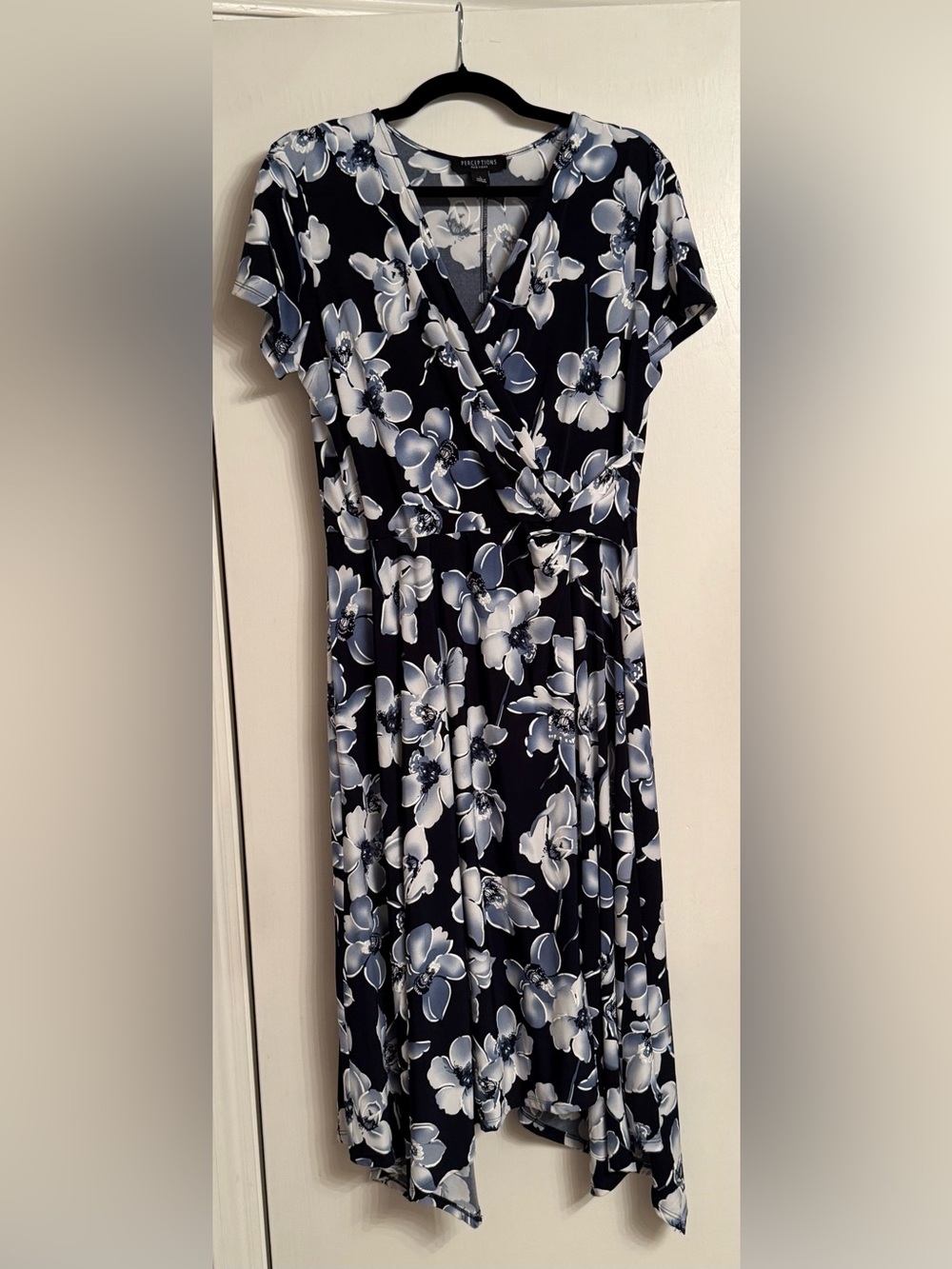 Perceptions Navy Blue & White Floral Asymmetrical Wrap Dress